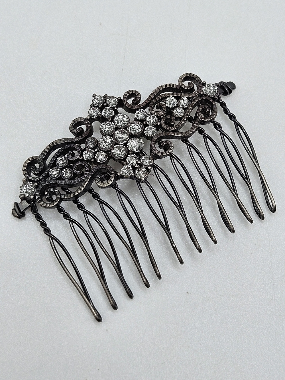 VINTAGE Art Deco Gunmetal Rhinestone Filigree Metal Hair Comb